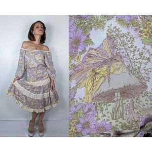 vintage 70s FOREST FAIRY print DRESS mushrooms cottage core off shoulder lace